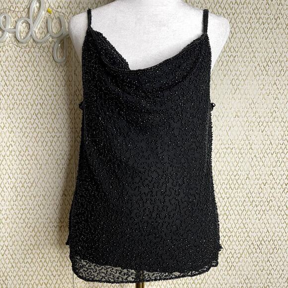 Vintage 80's Stenay Sleeveless Black Beaded Cowl Neckline Silk Tank Top Size M - Picture 2 of 14